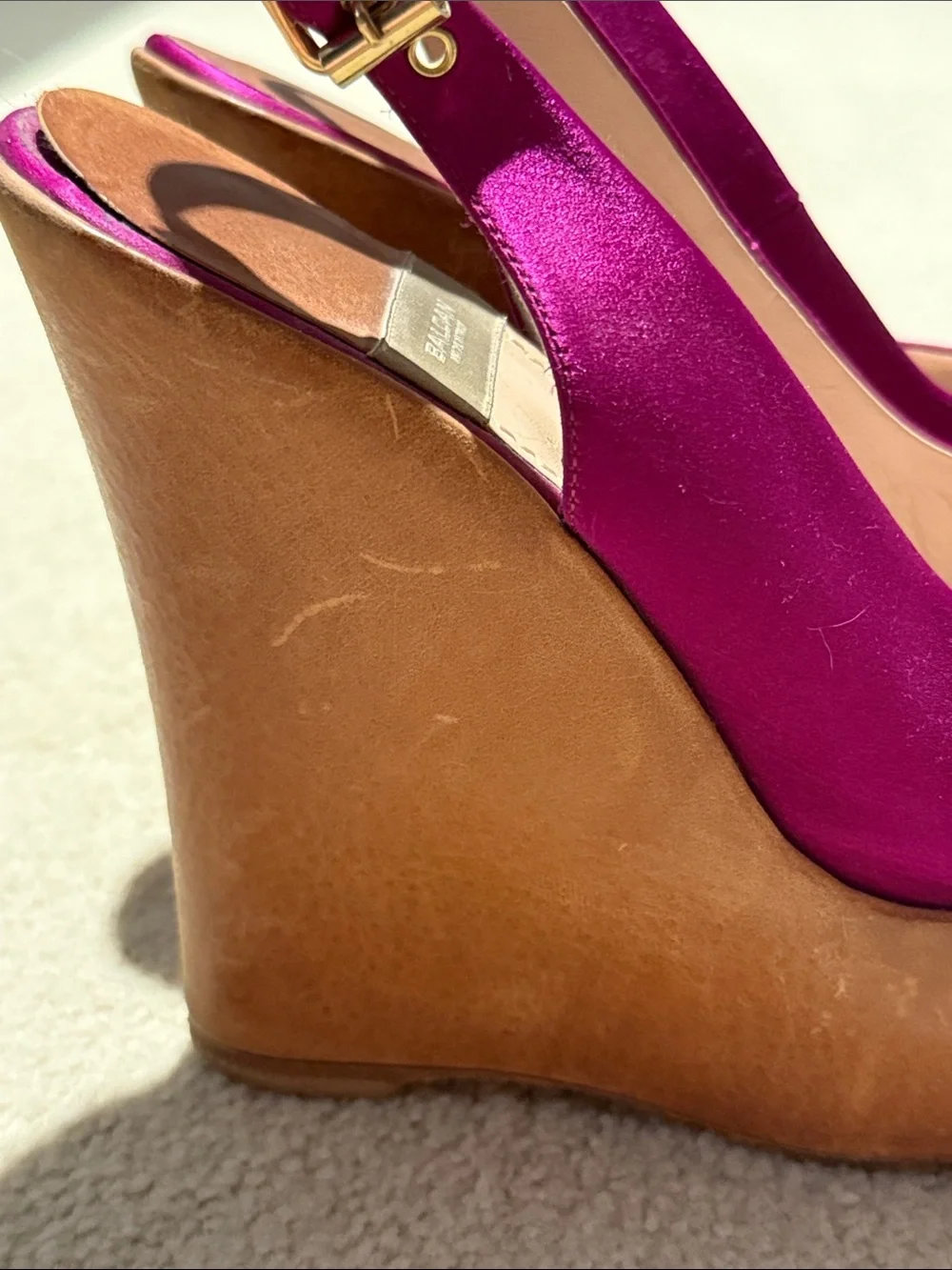 Baldan Bright Pink Satin Wedge Slingback Sandals